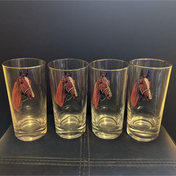 Vintage Signed Thoroughbred Horse Hand Painted Glasses Equestrian Lot 4